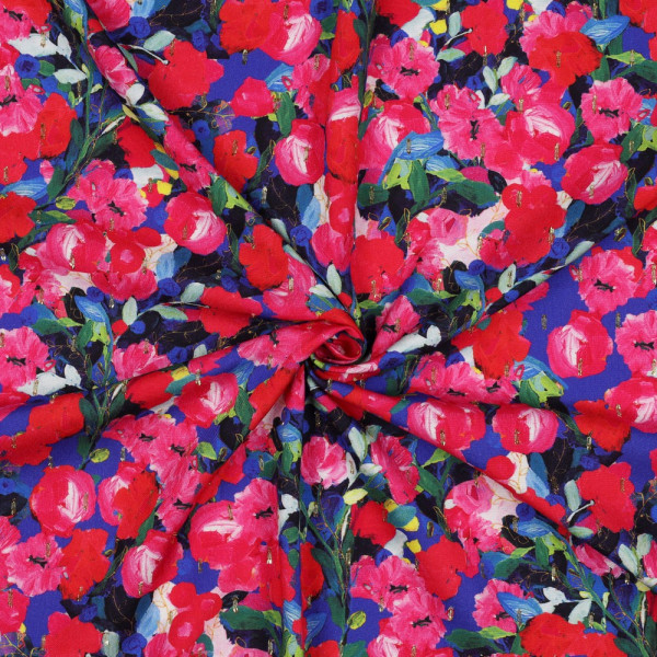 Viskose "Blumen Lurex" blau/pink